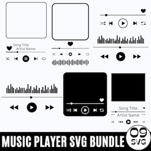 May include: Black and white SVG bundle featuring music player designs. Includes various player interfaces with play, pause, skip, and volume controls. Also includes waveform visualizations, hearts, and text fields for song titles and artist names.