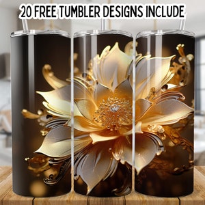 3D Gold Floral 20 Unzen Skinny Tumbler Wrap, 3D Blumen 20 Unzen Sublimation Designs, Floral Tumbler Wrap, Boho Blumenbecher png