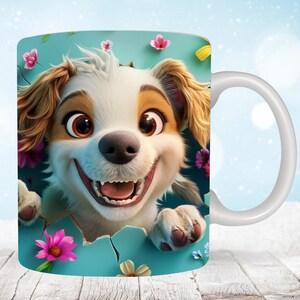 May include: White ceramic mug with a colorful cartoon image of a dog with brown fur and big brown eyes. The dog is peeking through a hole in a blue background with pink and yellow flowers.