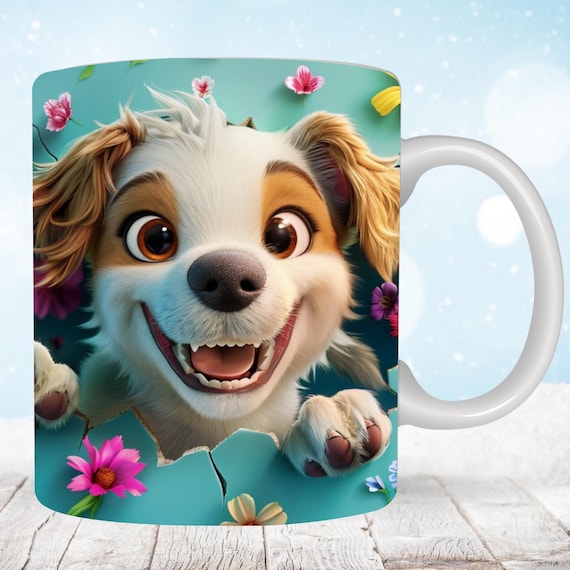 3D Cute Dog Mug Wrap, 11 oz & 15oz Mug Wrap Sublimation Designs, 3D Kitten Hole In A Wall Mug, Cute Dog Mug Press Design
