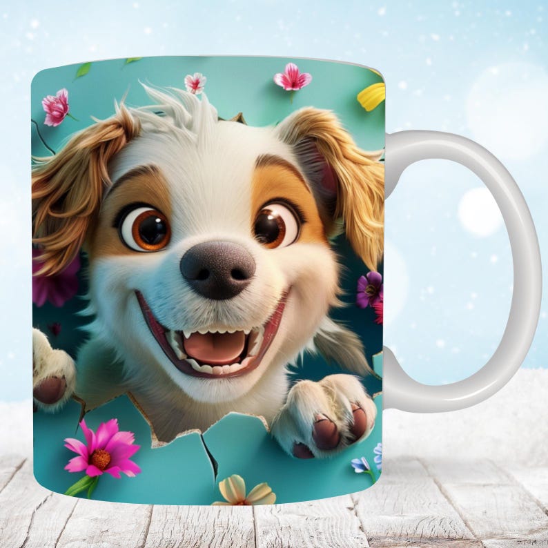 May include: White ceramic mug with a colorful cartoon image of a dog with brown fur and big brown eyes. The dog is peeking through a hole in a blue background with pink and yellow flowers.