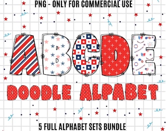 4. Juli USA Buchstaben Png-Bundle, USA Flagge Doodle Buchstaben, Patriotisches Doodle Alphabet, personalisiertes 4. Juli Shirt, digitaler Download