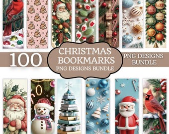 May include: A collection of 100 Christmas-themed bookmark designs. The bookmarks feature festive illustrations including Santa Claus, ornaments, snowmen, and cardinals. The designs are in a PNG format, perfect for holiday crafting and gifts.