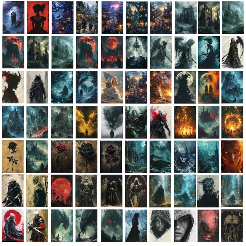 Pode incluir: Uma colagem de 64 imagens que retratam um mundo de fantasia sombrio. As imagens apresentam uma variedade de personagens, criaturas e paisagens, todas renderizadas em um estilo escuro e atmosf&eacute;rico. As imagens s&atilde;o organizadas em uma grade e cada imagem &eacute; emoldurada por uma borda preta.