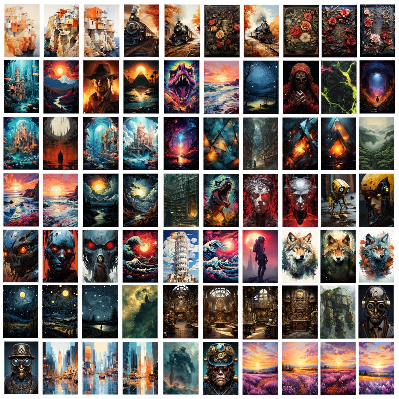Pode incluir: Uma cole&ccedil;&atilde;o de 50 pinturas digitais que apresentam uma variedade de temas, incluindo paisagens, animais e designs abstratos. As pinturas s&atilde;o de v&aacute;rios estilos, desde realistas at&eacute; abstratas.