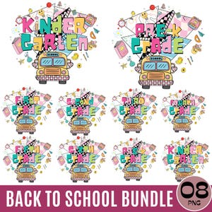 May include: A set of 8 colourful digital clipart images featuring a school bus with different grade levels written on it. The images are perfect for back to school projects, classroom decorations, and more.