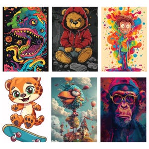 May include: A set of six colorful digital art prints featuring a variety of whimsical characters and scenes. The prints include a monster with a gaping mouth, a teddy bear wearing a red hoodie, a cartoon character with colorful splatter paint, a bird-like creature with a beak, a cute animal with big eyes, and a monkey with sunglasses.
