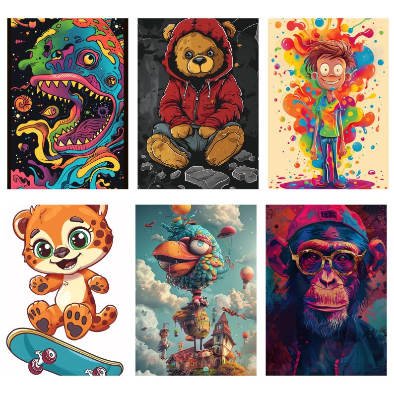 May include: A set of six colorful digital art prints featuring a variety of whimsical characters and scenes. The prints include a monster with a gaping mouth, a teddy bear wearing a red hoodie, a cartoon character with colorful splatter paint, a bird-like creature with a beak, a cute animal with big eyes, and a monkey with sunglasses.