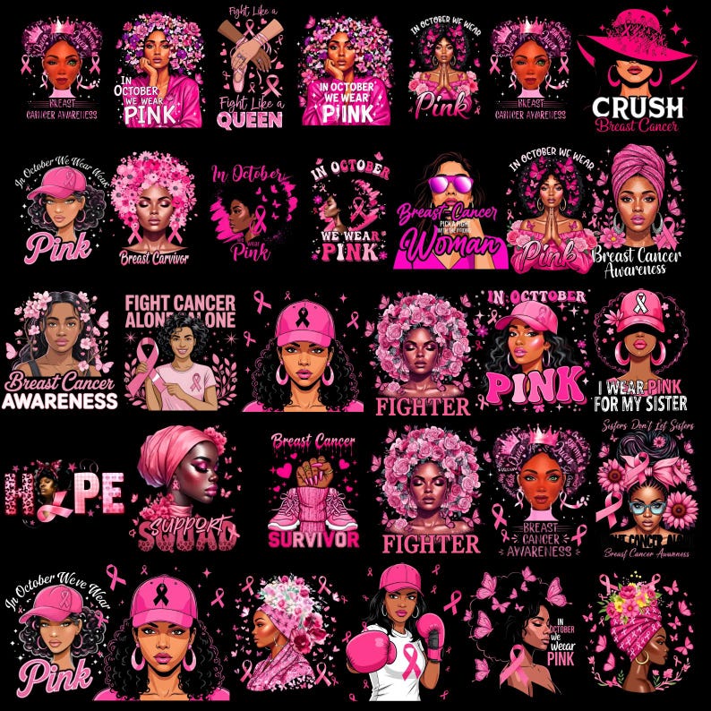 May include: A collection of pink and black graphic designs with illustrations of women, ribbons, and text related to breast cancer awareness. The designs include phrases like "In October We Wear Pink," "Breast Cancer Awareness," and "Fight Like a Queen."