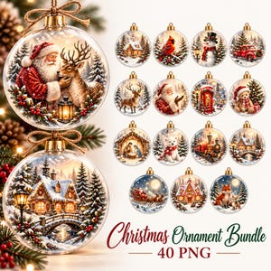 May include: A collection of round, clear Christmas ornaments featuring various holiday scenes including Santa Claus, reindeer, snowmen, winter cabins, and trains. The text Christmas Ornament Bundle 40 PNG is displayed at the bottom.