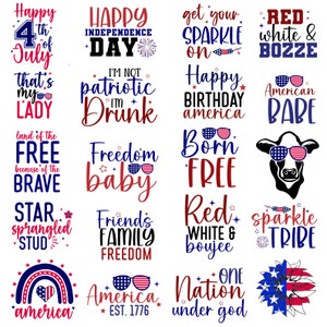 K&ouml;nnte beinhalten: Eine Sammlung von 16 patriotischen Designs in den Farben Rot, Wei&szlig; und Blau. Die Designs beinhalten Texte wie "Happy 4th of July", "Land of the Free", "Red White & Booze", "Born Free", "America Est. 1776" und "One Nation Under God".