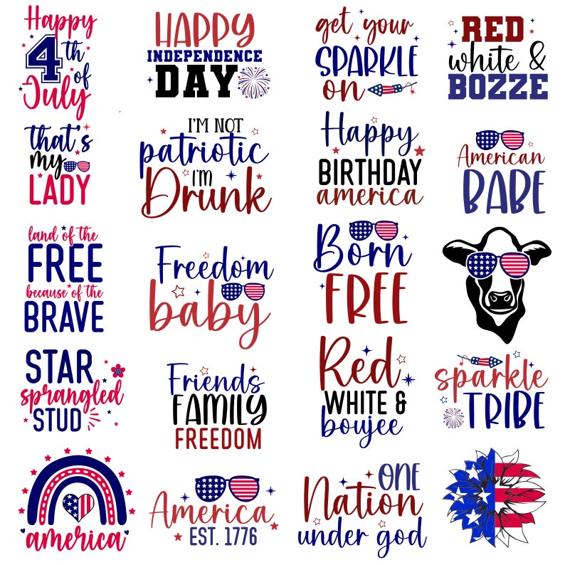 K&ouml;nnte beinhalten: Eine Sammlung von 16 patriotischen Designs in den Farben Rot, Wei&szlig; und Blau. Die Designs beinhalten Texte wie "Happy 4th of July", "Land of the Free", "Red White & Booze", "Born Free", "America Est. 1776" und "One Nation Under God".