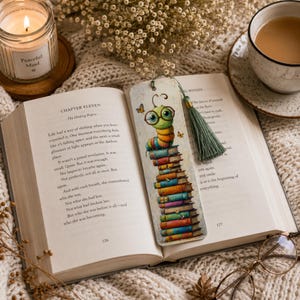 Cute Whimsical Bookworm Bookmarks, Printable Bookmark PNG, Kids Reading Craft, Bookmark Gift Idea, Fun Bookmark Sublimation Designs image 3
