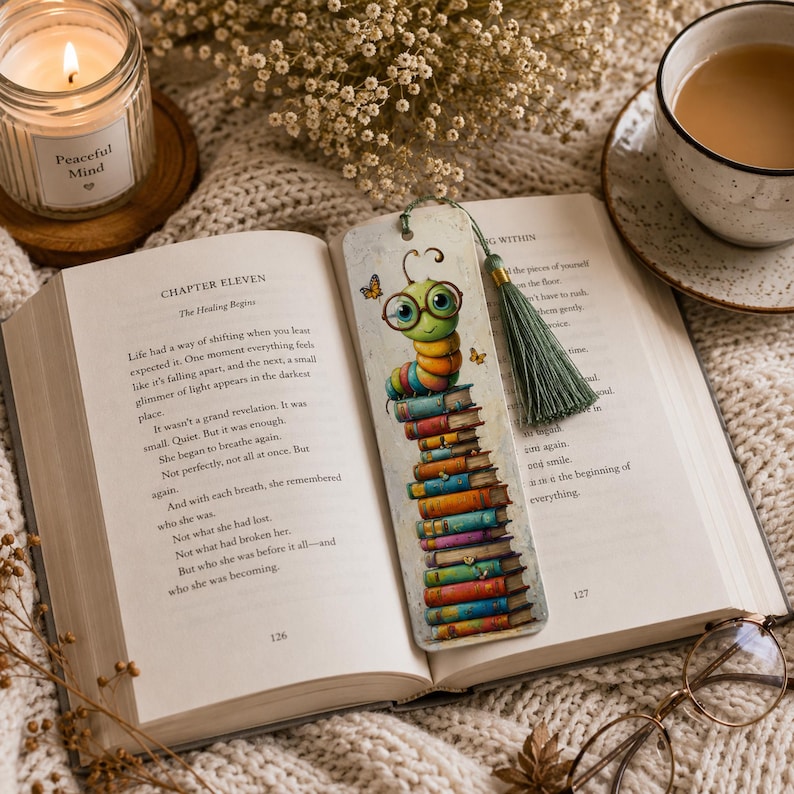 Cute Whimsical Bookworm Bookmarks, Printable Bookmark PNG, Kids Reading Craft, Bookmark Gift Idea, Fun Bookmark Sublimation Designs image 3