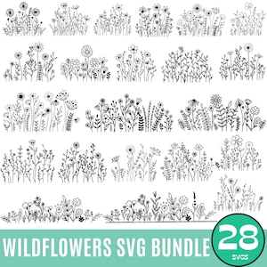 28 kwiatów polnych svg, pakiet kwiatów polnych svg, ramka kwiatowa svg, podzielony monogram svg, bukiet svg, kwiatowy svg, natura svg, szkic kwiatu svg