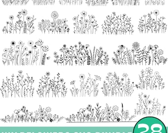 28 fleurs sauvages svg, lot de fleurs sauvages, svg cadre floral, svg monogramme fractionné, bouquet SVG, svg floral, svg nature, svg croquis de fleurs