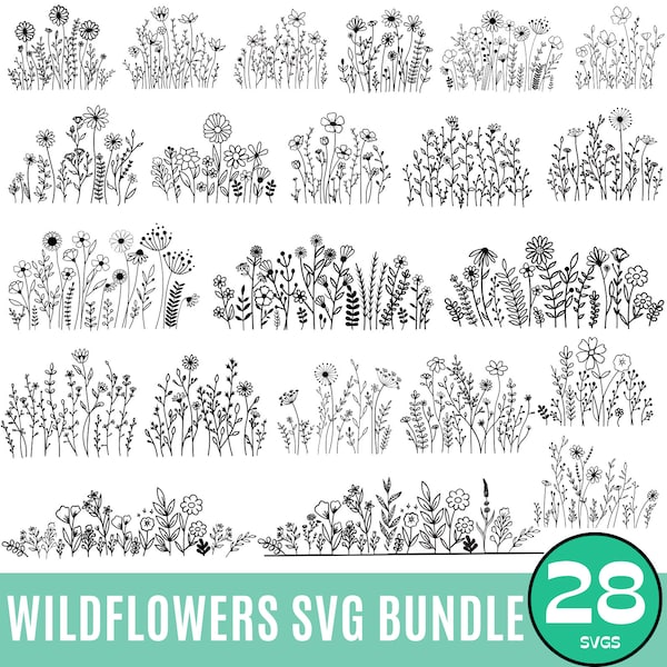 28 Wildflowers svg, Wild flower svg bundle, floral frame svg, Split monogram svg, Bouquet SVG, Floral svg, nature svg, flower sketch svg
