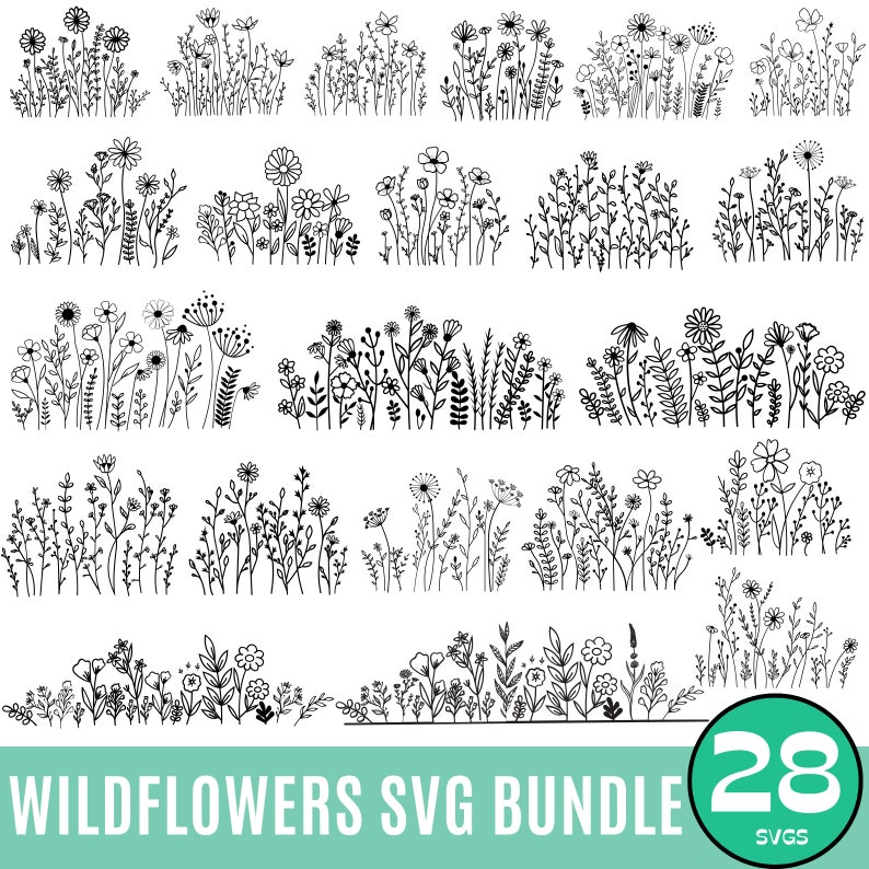 28 Flores silvestres svg, Pacote de flores silvestres svg, Moldura floral svg, Monograma dividido svg, Buquê svg, Floral svg, Natureza svg, Desenho de flores svg imagem 1