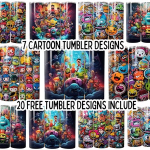 3D-Zeichentrickfigur 20 Unzen Tumbler PNG, Skinny Tumbler Bundle PNG, 3D Cartoon Tumbler Bundle, Nahtloses Cartoon Tumbler Design Digitaler Download