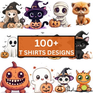 100+ gruselige Halloween-Karikatur-T-Shirts Design Bundle, niedlicher gruseliger Cartoon-Png, Hexe, Geist, Halloween-Katze, Kawaii Mumie, digitaler Download