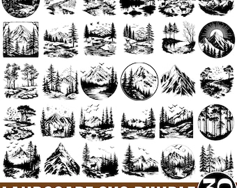 Puede incluir: Un conjunto de 30 diseños SVG de paisajes en blanco y negro. Los diseños presentan montañas, árboles, ríos y otros elementos naturales. Los diseños son perfectos para crear proyectos personalizados, como camisetas, tazas y decoración del hogar.