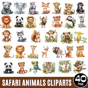 Safaridieren clipart png, schattige jungle dieren bundel, aquarel dieren clipart, babyshower clipart, leeuw tijger aap giraf digitaal