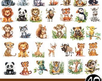 May include: Watercolor illustrations of various safari animals, including a bear, elephant, hippo, fox, leopard, tiger, monkey, lion, panda, zebra, and more. The text "SAFARI ANIMALS CLIPARTS" is at the bottom, with "40 PNG" in a black circle.