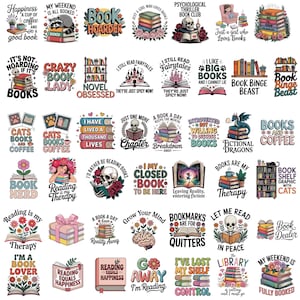 以下が含まれることがあります： 本をテーマにしたデザインのカラフルなステッカーのコレクションです。「Book Hoarder」、「Crazy Book Lady」、「Reading is my Therapy」などのフレーズが特徴です。さまざまなイラストには、本の山、スカル、花の要素が含まれています。