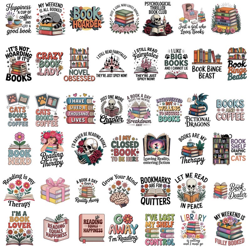 以下が含まれることがあります： 本をテーマにしたデザインのカラフルなステッカーのコレクションです。「Book Hoarder」、「Crazy Book Lady」、「Reading is my Therapy」などのフレーズが特徴です。さまざまなイラストには、本の山、スカル、花の要素が含まれています。