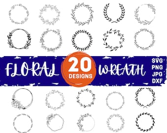 May include: A set of 20 black and white floral wreath designs. The wreaths are made of various floral elements and are perfect for adding a touch of elegance to any project.  SVG, PNG, JPG, and DXF file formats are included.