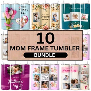 Pacote com 10 copos com moldura para mães em PNG, embalagens para fotos do Dia das Mães, designs personalizados para sublimação, copos de 20 oz. Download digital