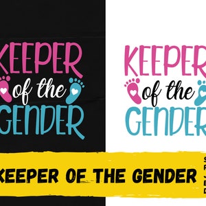May include: A yellow banner with the text "KEEPER OF THE GENDER" in black. The text is in a bold, sans-serif font. The banner is on a black background with a pink and blue design of a baby's footprint with a heart in the centre. The design is repeated on a white background.