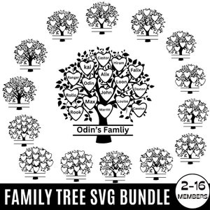 Ensemble Svg arbre généalogique 2-16 membres, arbre de vie Svg, arbre généalogique coeur Svg, branche généalogique svg, SVG arbre généalogique, réunion de famille Svg