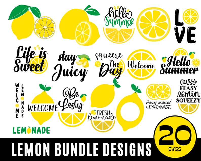 Puede incluir: Un conjunto de 20 dise&ntilde;os SVG con tem&aacute;tica de lim&oacute;n para manualidades y proyectos digitales. Los dise&ntilde;os presentan limones, texto y frases como "Life is Sweet", "Stay Juicy", "Squeeze the Day", "Welcome", "Hello Summer", "Be Lesty", "Fresh Lemonade" y "Easy Peasy Lemon Squeezy".