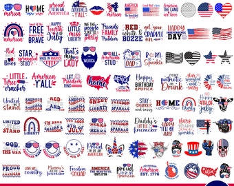 May include: A collection of 216 4th of July SVG designs featuring red, white, and blue patriotic graphics, text, and symbols. The designs include phrases like "Happy 4th of July", "America", "Freedom", and "Stars and Stripes".