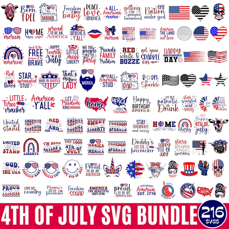 K&ouml;nnte beinhalten: Eine Sammlung von 216 4. Juli SVG-Designs mit rot-wei&szlig;-blauen patriotischen Grafiken, Texten und Symbolen. Die Designs beinhalten S&auml;tze wie "Frohes 4. Juli", "Amerika", "Freiheit" und "Stars and Stripes".