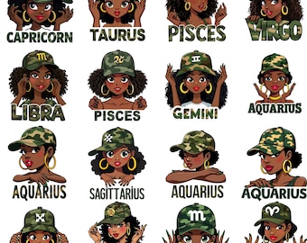 17 Bundle PNG du zodiaque, astrologie fille des cliparts, horoscope signes PNG, oeuvre d'art Capricorne taureau poissons Vierge, téléchargement numérique de personnage du zodiaque