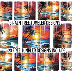 3d Palm Trees Beach 20oz Tumbler png, Beach Tumbler Wrap Bundle, Tropical Beach Sublimation, Sunset Skinny Tumbler png, Ocean Sublimation
