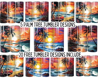 Vaso de 20 oz con palmeras 3D (PNG), paquete de envoltorios para vasos de playa, sublimación de playa tropical, vaso delgado con atardecer (PNG), sublimación del océano