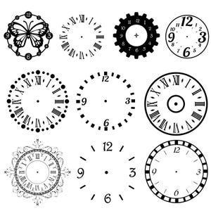 May include: A set of ten black and white clock face designs. The clock faces are circular and feature Roman numerals, Arabic numerals, and dots for hour markers. Some of the clock faces have decorative elements, such as a butterfly or a floral pattern.
