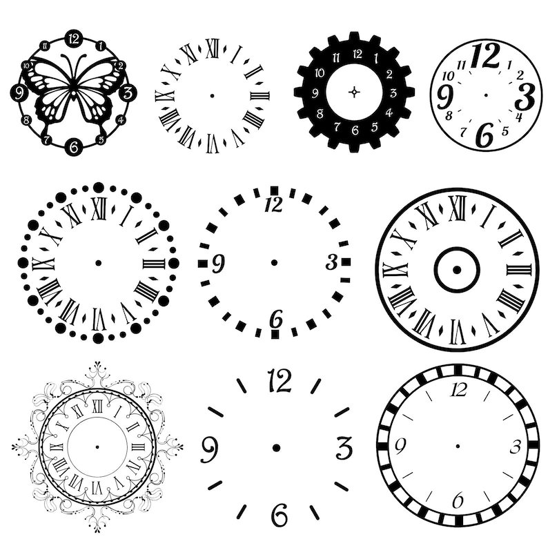 May include: A set of ten black and white clock face designs. The clock faces are circular and feature Roman numerals, Arabic numerals, and dots for hour markers. Some of the clock faces have decorative elements, such as a butterfly or a floral pattern.