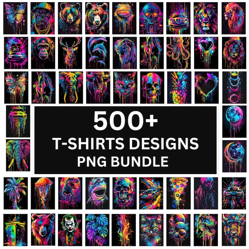 May include: A collage of 500+ colorful, abstract, and graphic t-shirt designs. The designs feature a variety of subjects, including animals, plants, and geometric patterns. The text "500+ T-SHIRTS DESIGNS PNG BUNDLE" is displayed in the center of the image.