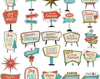 95 Retro Christmas Signs Clipart Bundle PNG, Mid Century Modern Holiday Sign Collection, Vintage Christmas Decorations, Digital Paper Crafts