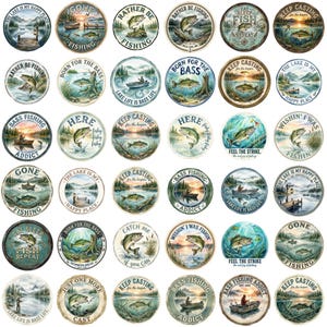 May include: A collection of thirty circular metal signs featuring fishing-themed illustrations. Each sign displays various designs including jumping bass, boats on lakes, and text such as 'Gone Fishing', 'Born for the Bass', and 'Keep Casting'.