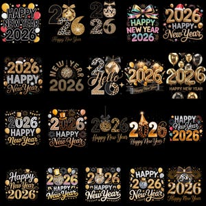 以下が含まれることがあります： 金、黒、白を基調とした2026年の新年のデザイン集。デザインには、ディスコボール、花火、「Happy New Year」と「Hello 2026」の文字が含まれています。デザインは黒い背景にあります。
