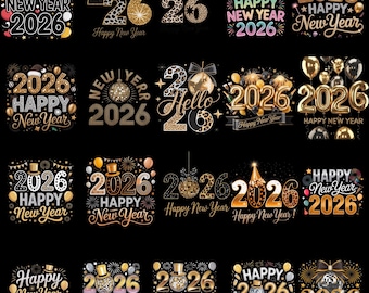 May include: A selection of New Year's 2026 designs in gold, black, and white. The designs feature disco balls, fireworks, and the text "Happy New Year" and "Hello 2026". The designs are set against a black backdrop.