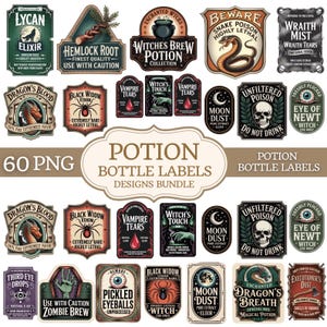 Könnte beinhalten: Eine Sammlung von 60 PNG-Designs für Zaubertrank-Flaschenetiketten. Die Etiketten zeigen verschiedene Designs mit Texten wie "Dragon's Blood", "Black Widow Venom" und "Moon Dust". Die Etiketten sind im Vintage-Stil mit einem gruseligen Thema.