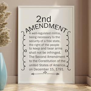 以下が含まれることがあります： 「2nd AMENDMENT」というテキストと、アメリカ合衆国憲法修正第2条の全文が書かれた白黒の印刷可能なポスターです。