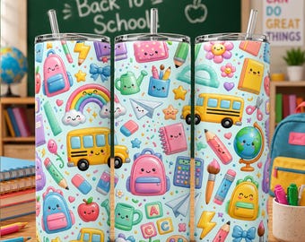 新学期タンブラーラップPNG、教師用タンブラーラップバンドル、20オンススリムタンブラーデザイン、学用品ラップ、デジタルダウンロード