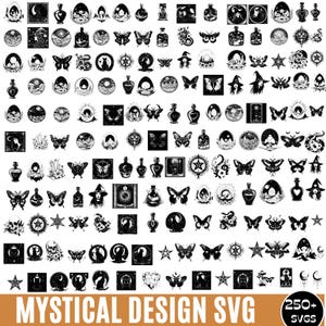 250+ mystische SVG-Bundle, Tarot-Karte, mystische Katze, Witchy Celestial SVG, Hexe, Schmetterling, Pilz, Kristalle, Cricut Silhouette-Designs
